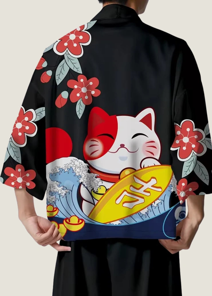 Kimono japonais unisexe Maneki-Neko noir | Koumei