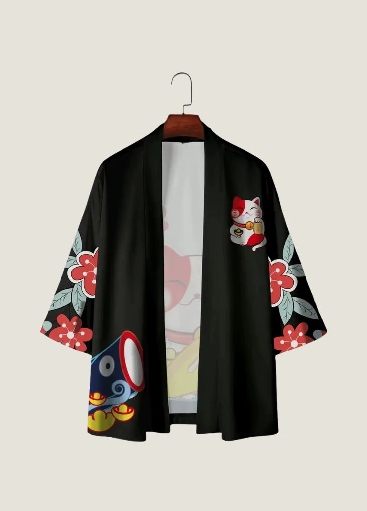 Kimono japonais unisexe Maneki-Neko noir | Koumei