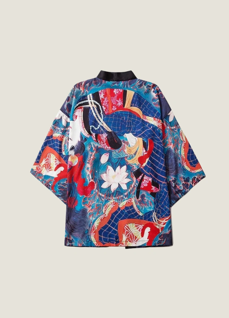 Kimono japonais femme bleu motifs traditionnels | Izayoi