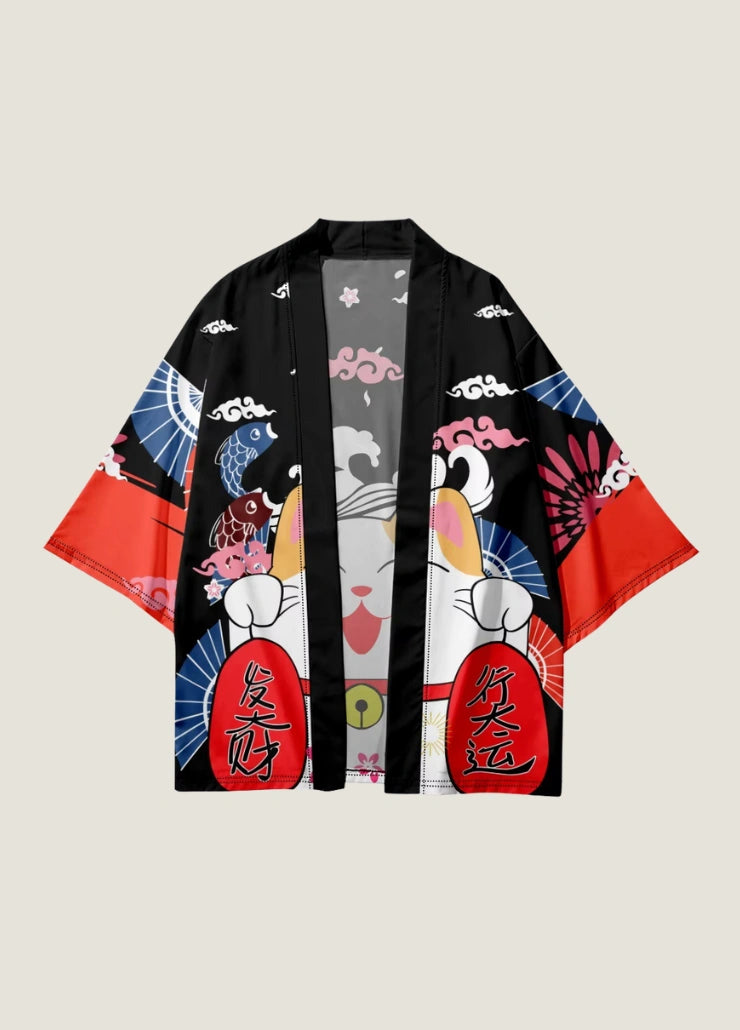 Kimono unisexe Maneki-neko noir | Kofuku