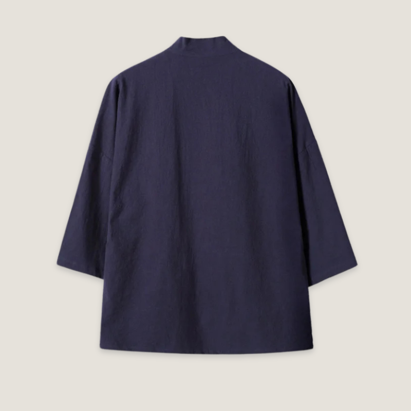 Veste kimono japonais brodée bleu marine en lin