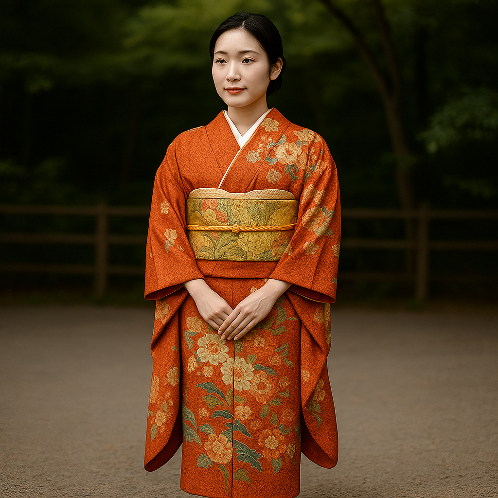 Femme japonaise portant un kimono orange à motifs floraux, ceinturée d’un obi doré, posant dans un décor extérieur naturel.
