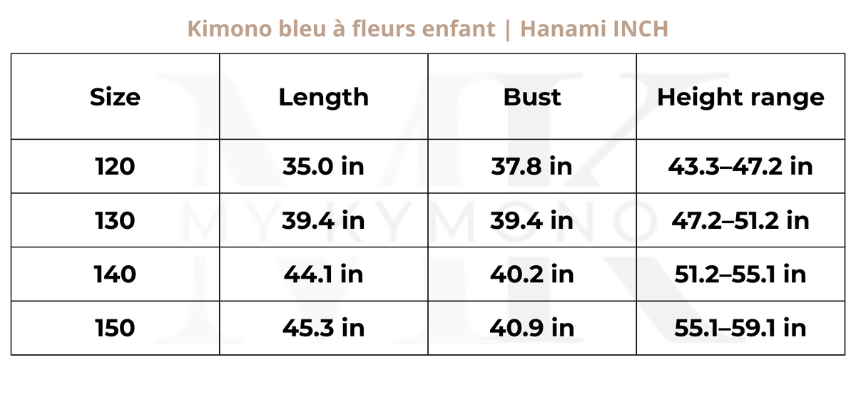 Tableau des tailles (inch) – Kimono bleu à fleurs enfant | Hanami