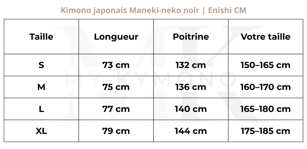 Tableau des tailles (cm) – Kimono japonais Maneki-neko noir | Enishi