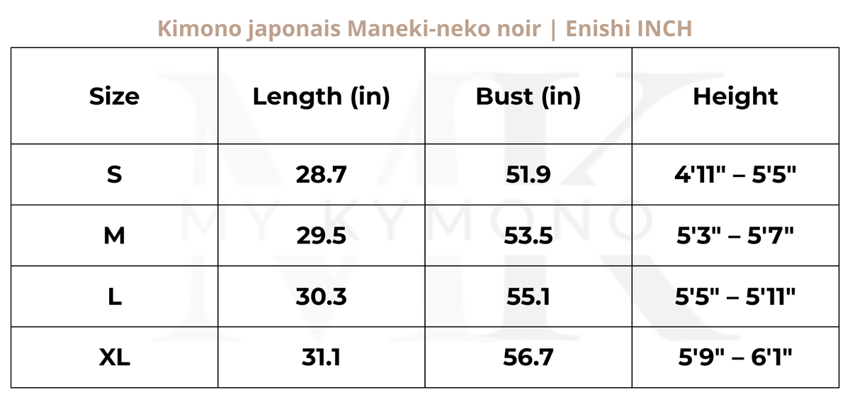 Tableau des tailles (inch) – Kimono japonais Maneki-neko noir | Enishi