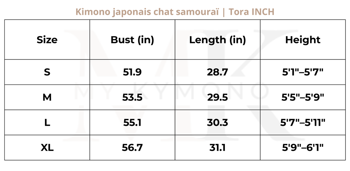 Tableau des tailles (inch) – Kimono japonais chat samouraï | Tora