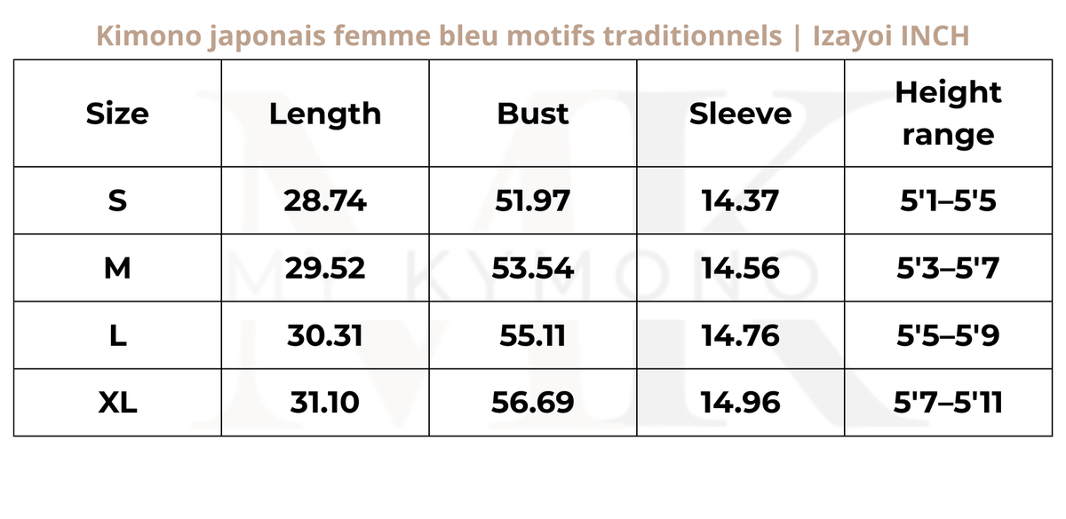 Tableau des tailles (inch) – Kimono japonais femme bleu motifs traditionnels | Izayoi