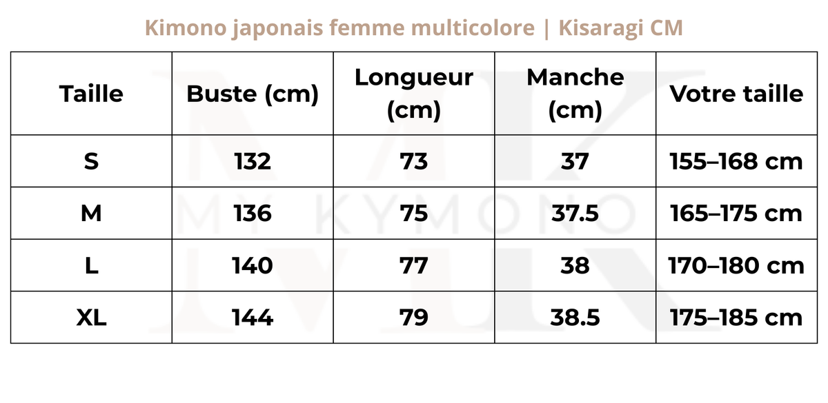 Tableau des tailles (cm) – Kimono japonais femme multicolore | Kisaragi
