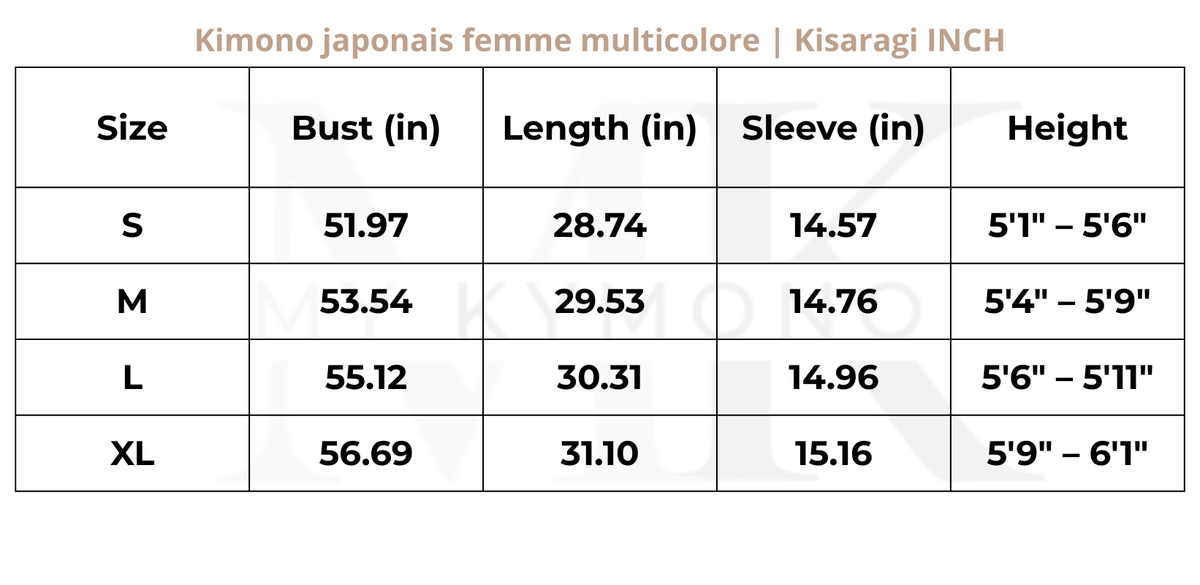 Tableau des tailles (inch) – Kimono japonais femme multicolore | Kisaragi