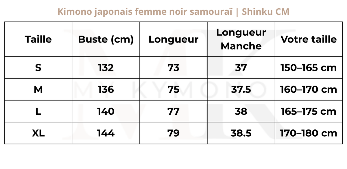 Tableau des tailles (cm) – Kimono japonais femme noir samouraï | Shinku