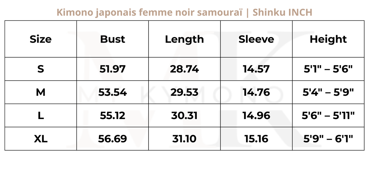 Tableau des tailles (inch) – Kimono japonais femme noir samouraï | Shinku