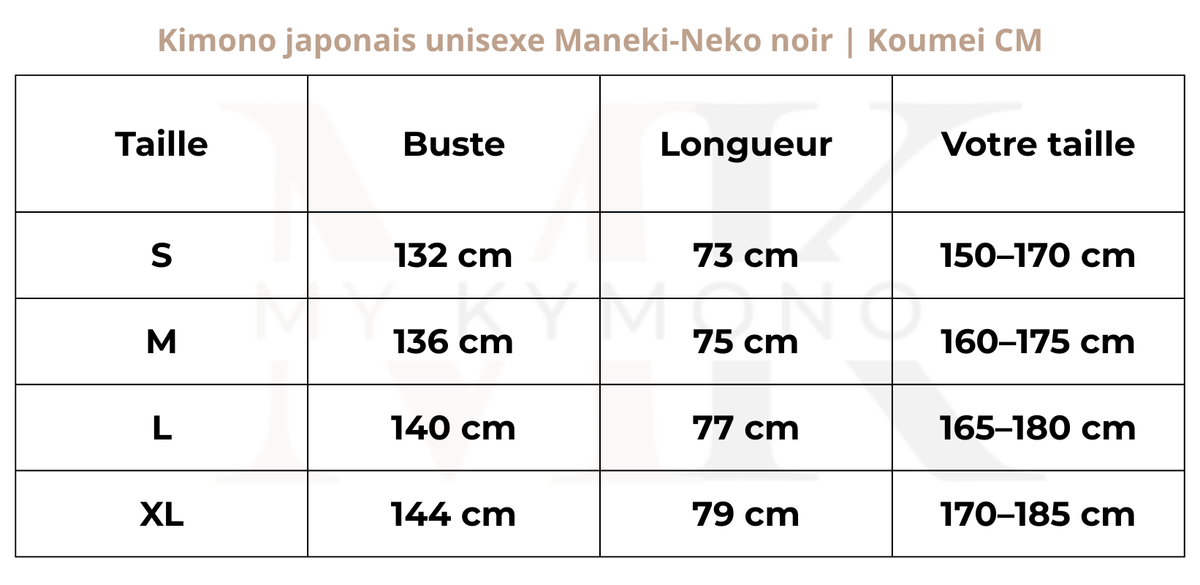 Tableau des tailles (cm) – Kimono japonais unisexe Maneki-Neko noir | Koumei