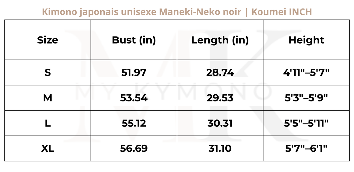 Tableau des tailles (inch) – Kimono japonais unisexe Maneki-Neko noir | Koumei