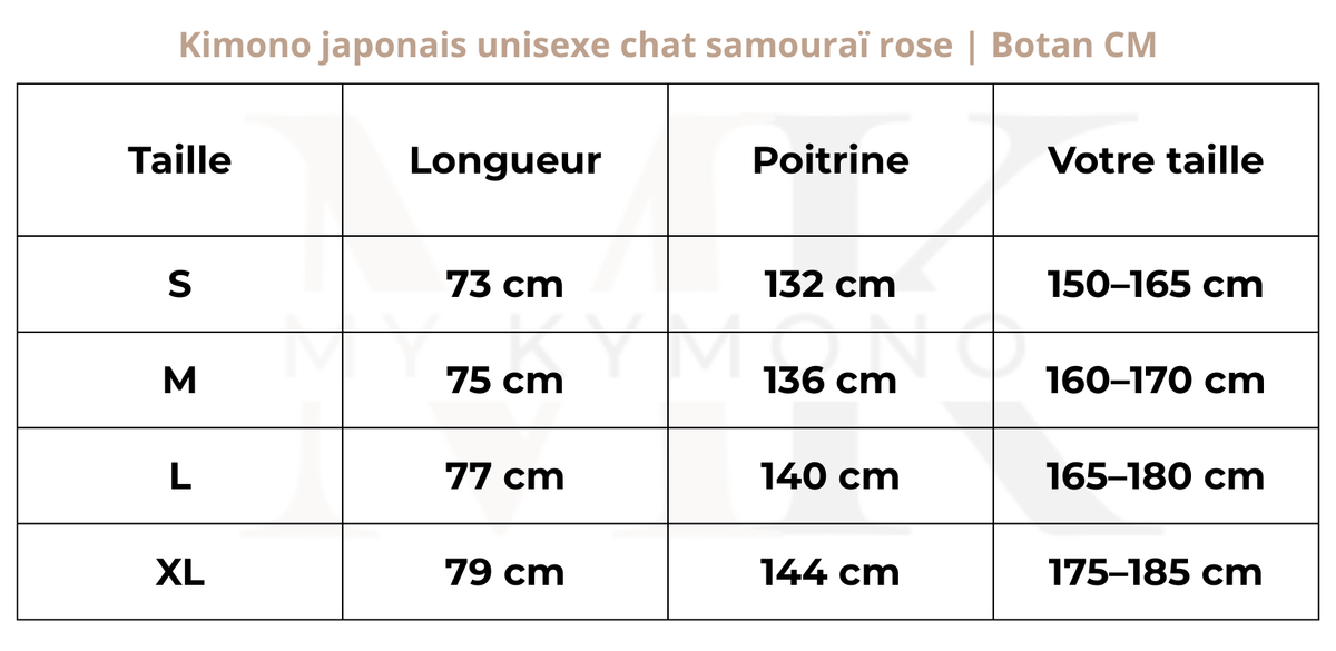Tableau des tailles (cm) – Kimono japonais femme chat samouraï rose | Botan