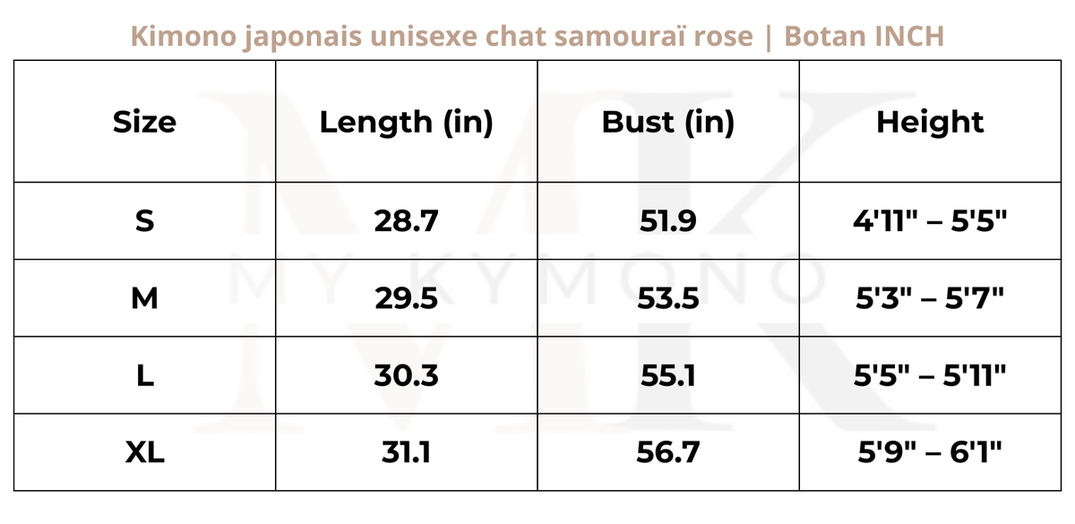 Tableau des tailles (inch) – Kimono japonais femme chat samouraï rose | Botan