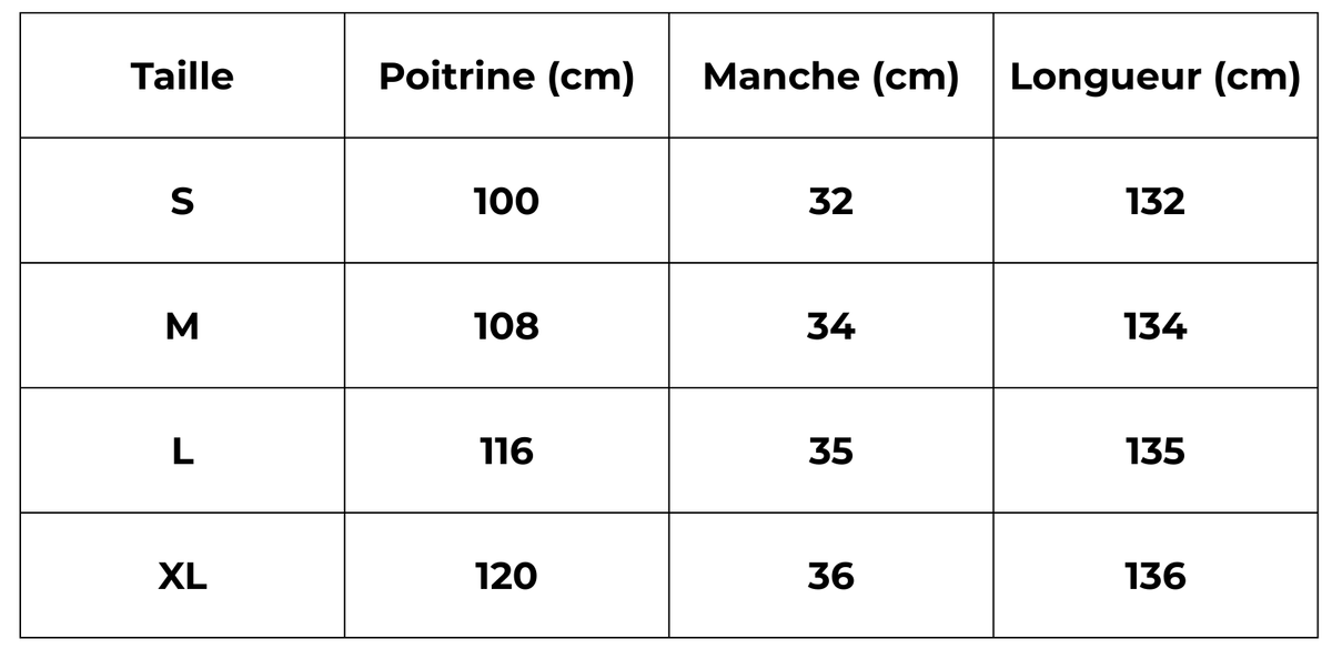 Tableau des tailles (cm) – Kimono long beige femme | Asagao