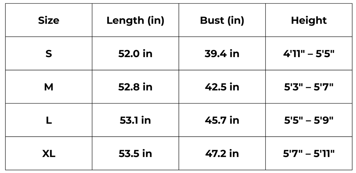 Tableau des tailles (inch) – Kimono long beige femme | Asagao