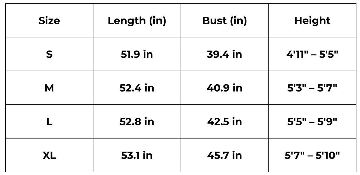 Tableau des tailles (inch) – Kimono long crème floral femme | Fumis