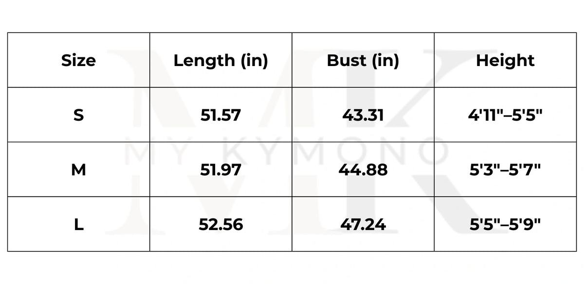 Tableau des tailles (inch) – kimono long patchwork bleu femme | Kazura