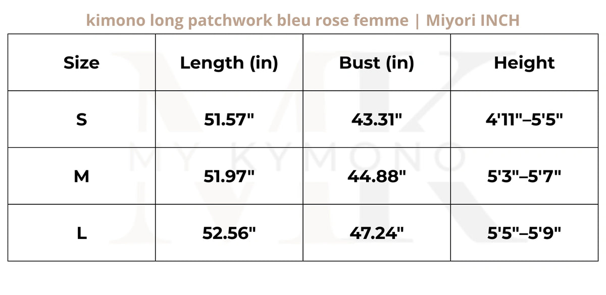 Tableau des tailles (inch) – kimono long patchwork bleu rose femme | Miyori