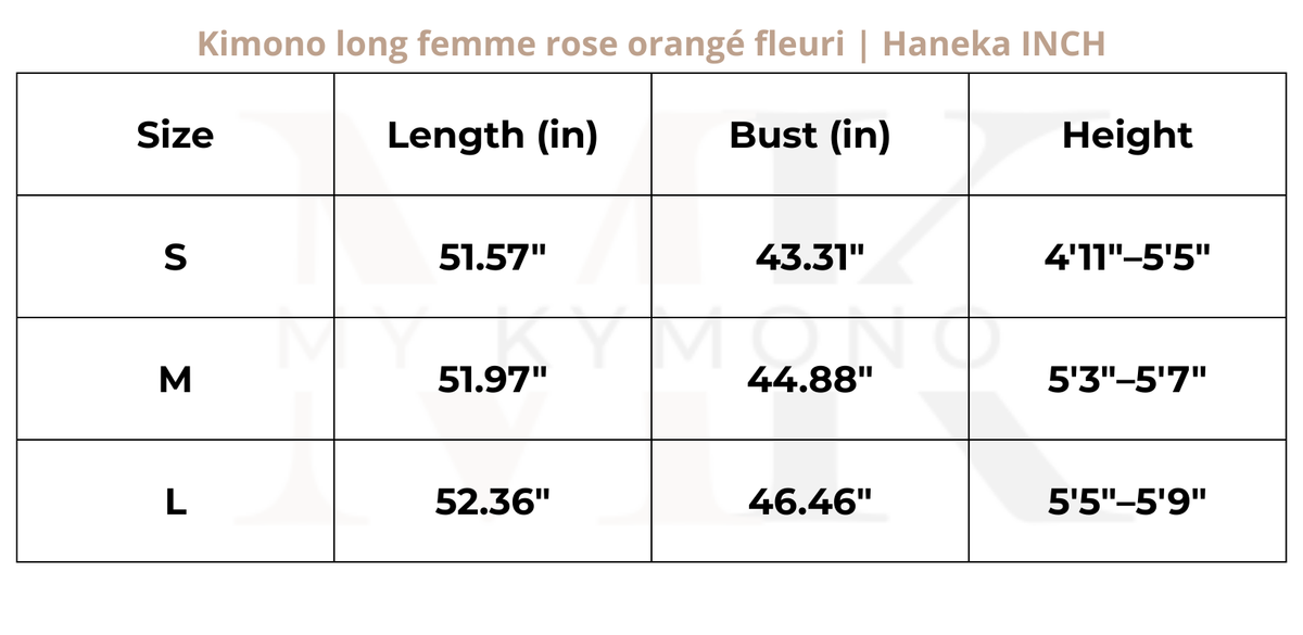 Tableau des tailles (inch) – kimono long rose orangé femme | Haneka