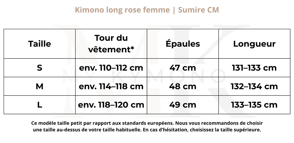 Tableau des tailles (cm) – Kimono long rose femme | Sumire