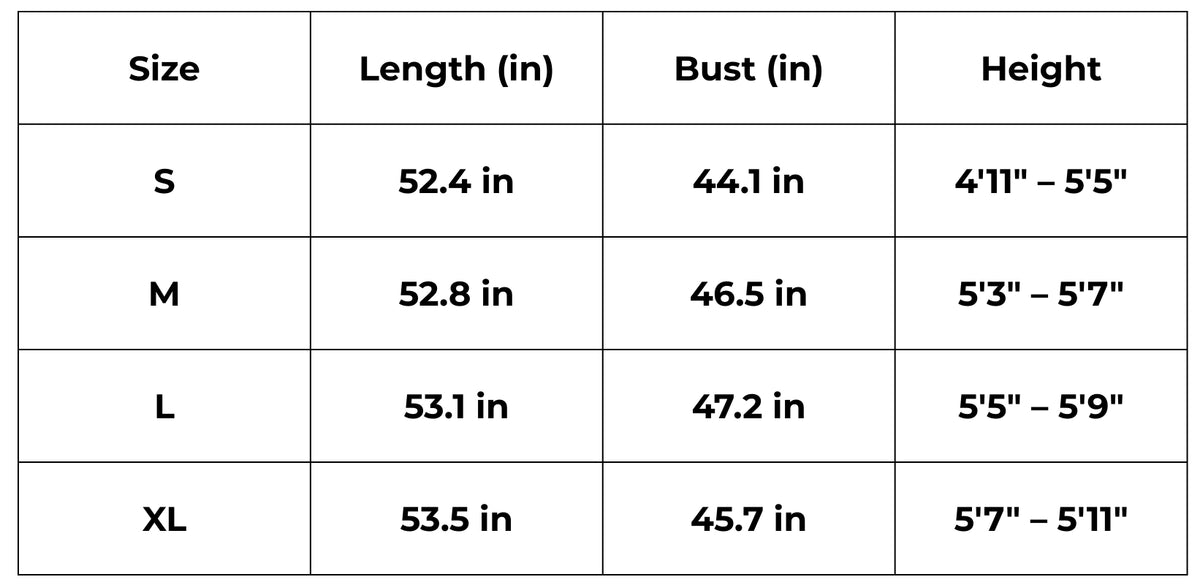 Tableau des tailles (inch) – Kimono long rose femme | Sumire