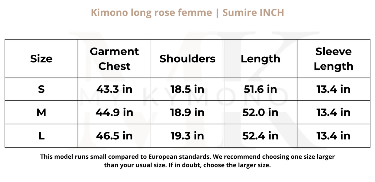 Tableau des tailles (inch) – Kimono long rose femme | Sumire