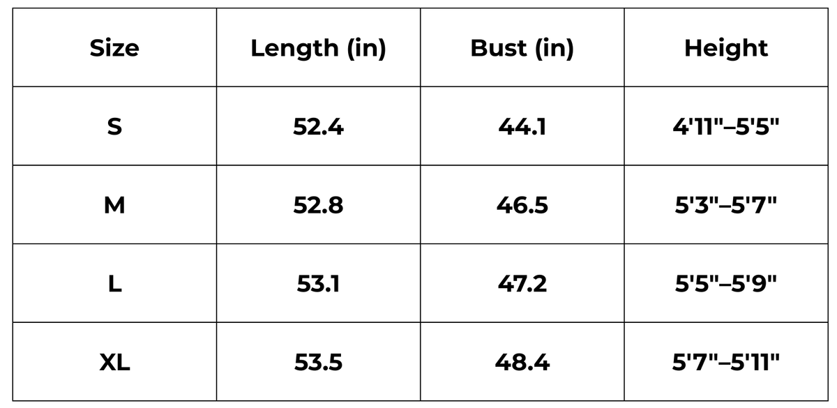 Tableau des tailles (inch) – Kimono long turquoise femme | Mauki