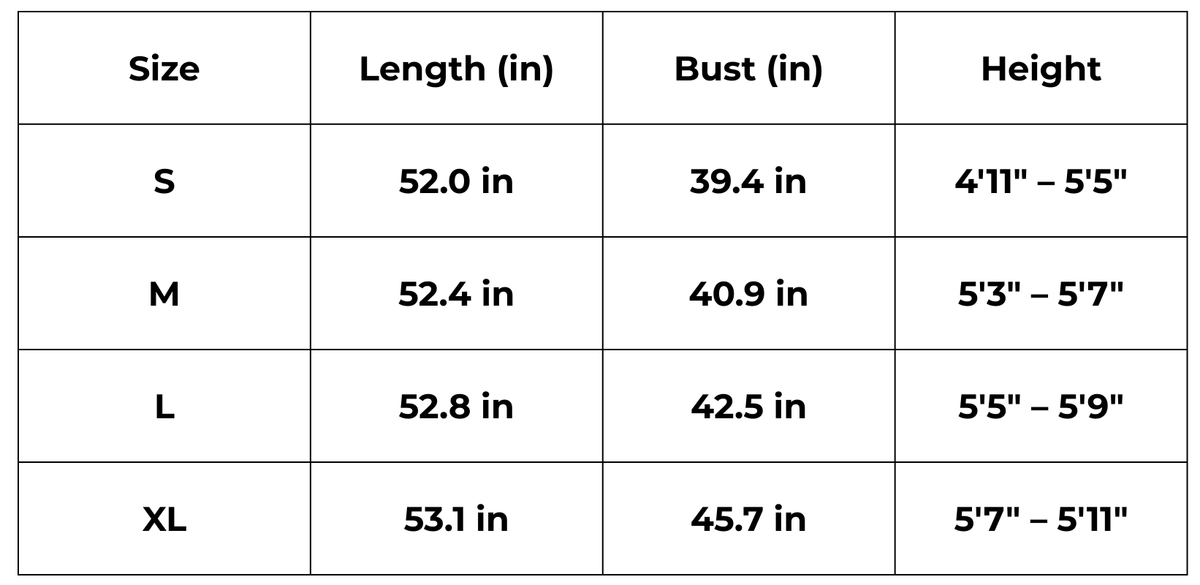 Tableau des tailles (inch) – Kimono long vert femme | Midori