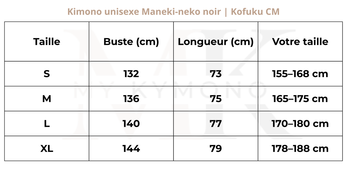 Tableau des tailles (cm) – Kimono unisexe Maneki-neko noir | Kofuku