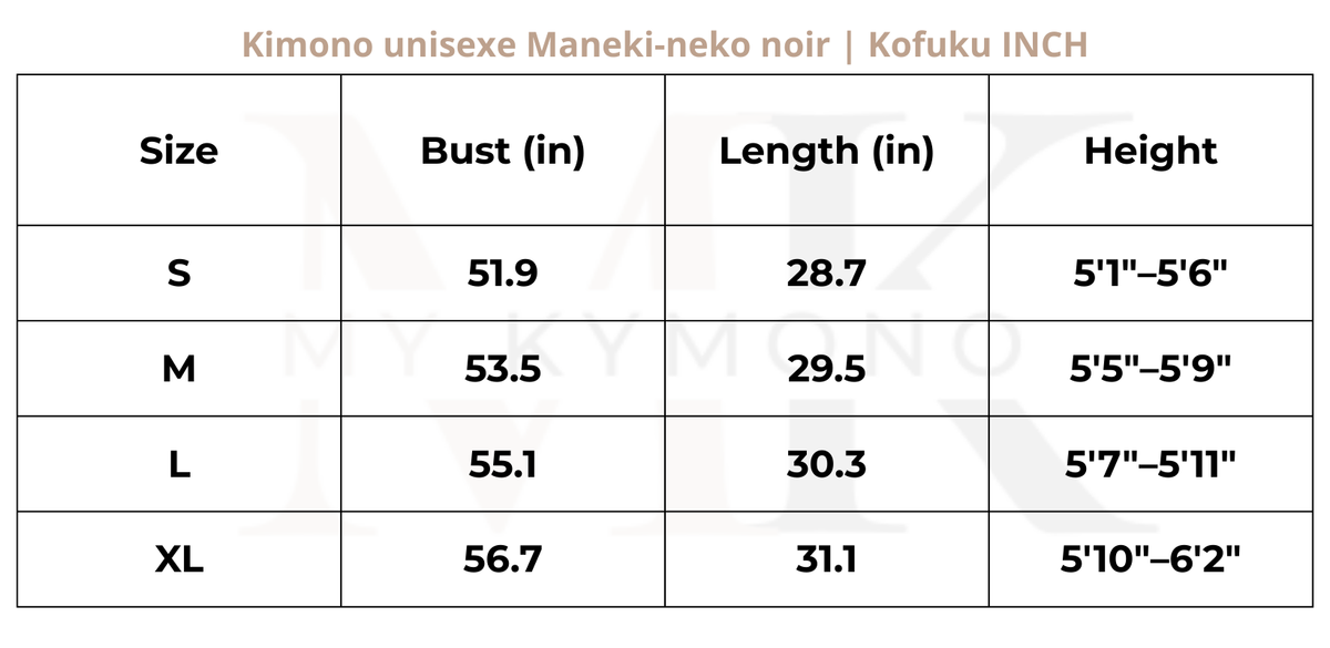 Tableau des tailles (inch) – Kimono unisexe Maneki-neko noir | Kofuku