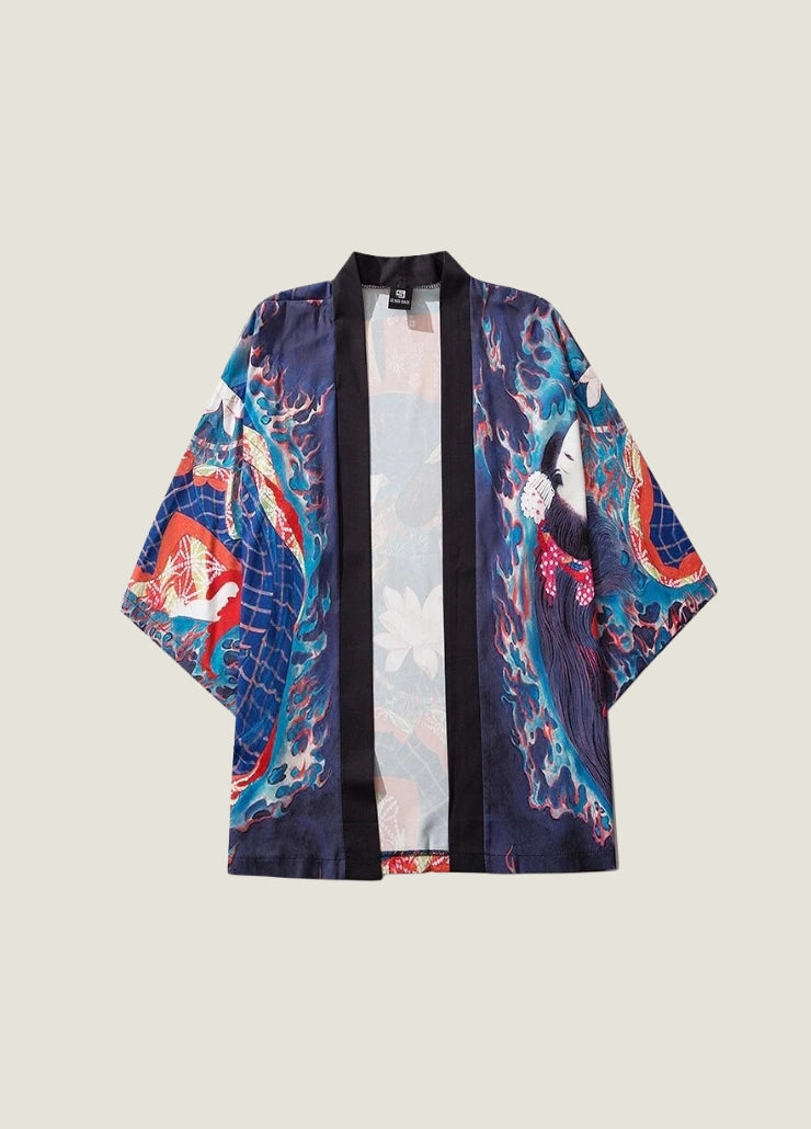 Kimono japonais femme bleu motifs traditionnels | Izayoi