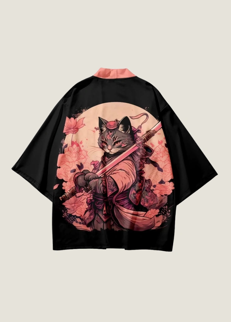 Kimono japonais femme chat samouraï rose | Botan