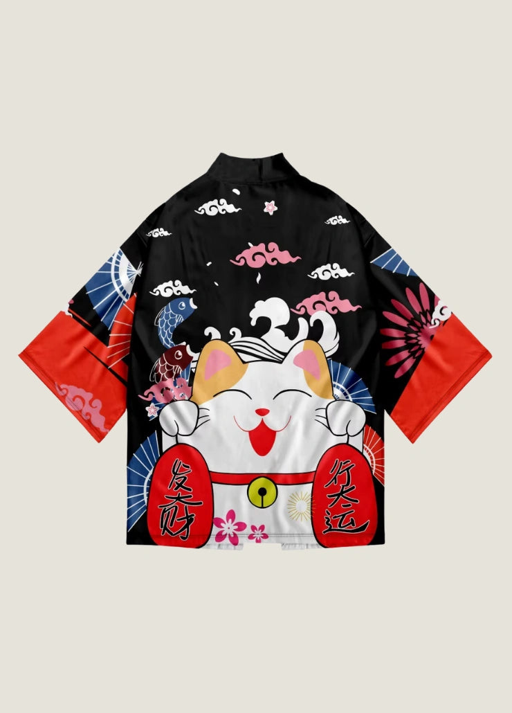 Kimono unisexe Maneki-neko noir | Kofuku