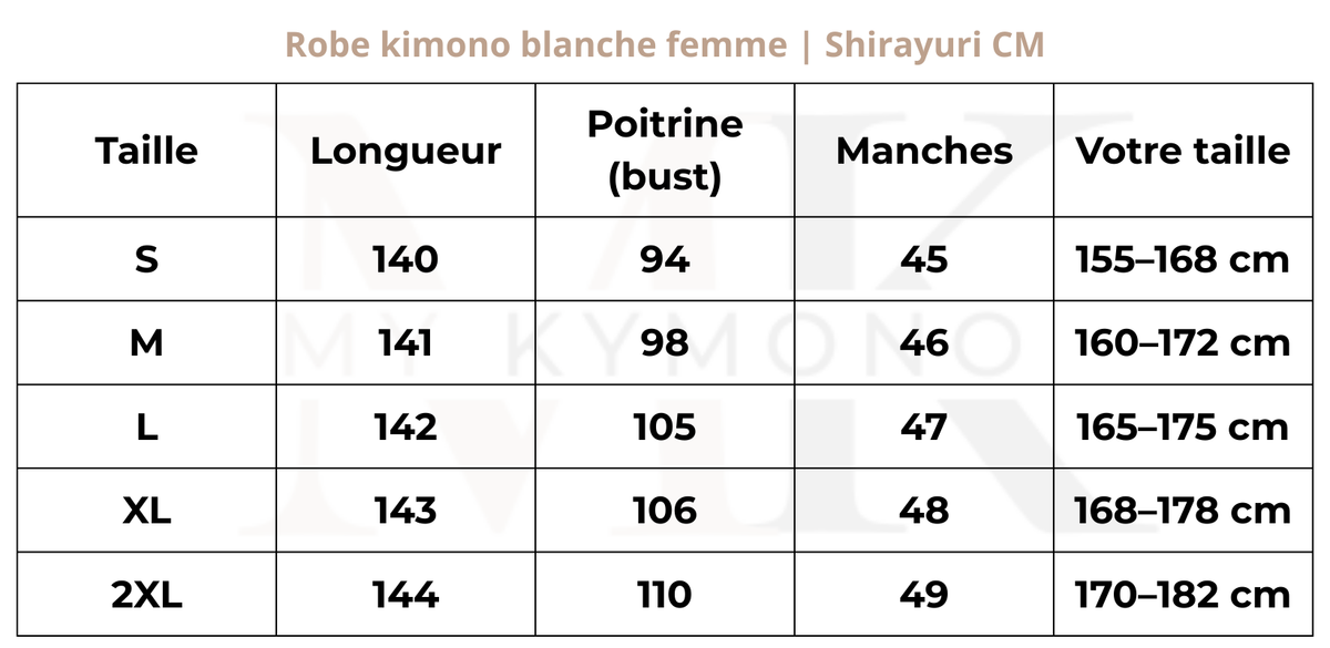 Tableau des tailles (cm) – Robe kimono blanche femme | Shirayuri