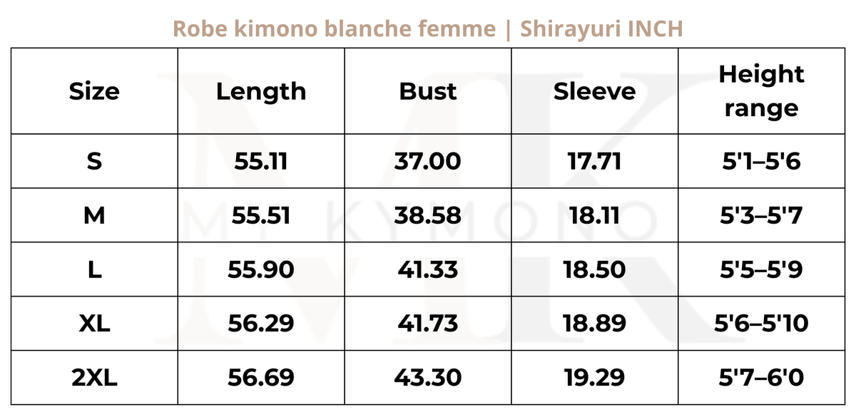 Tableau des tailles (inch) – Robe kimono blanche femme | Shirayuri