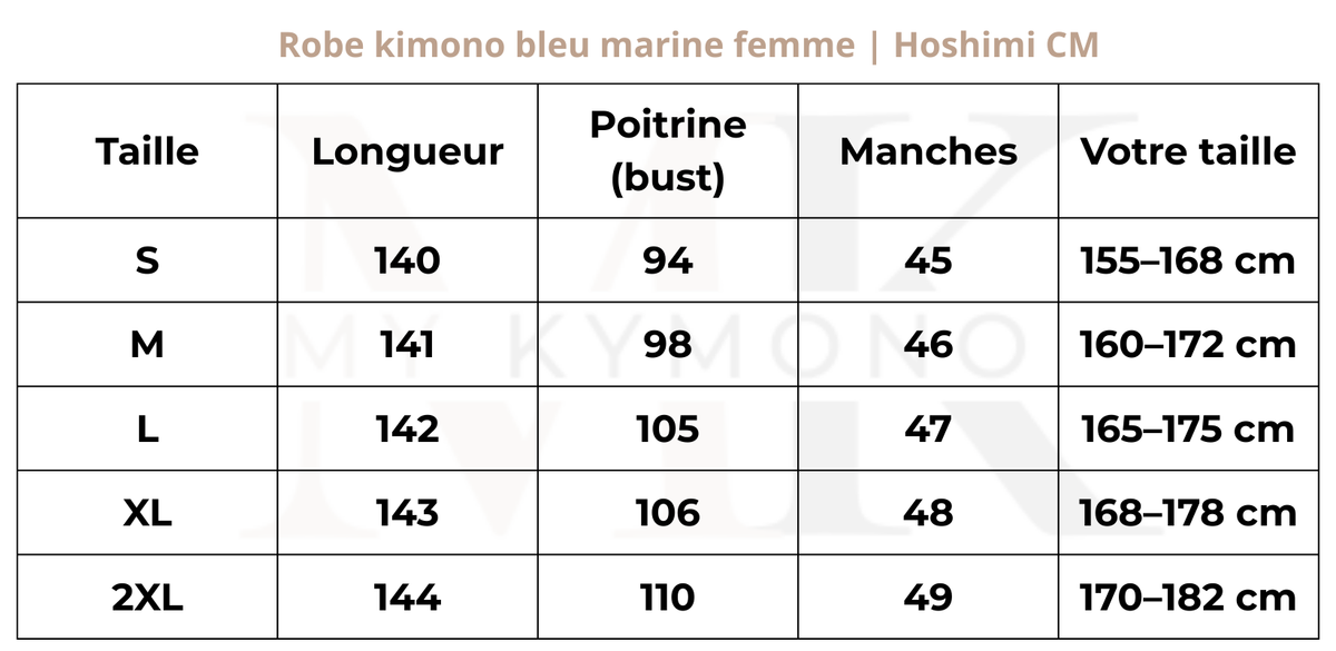 Tableau des tailles (cm) – Robe kimono bleu marine femme | Hoshimi