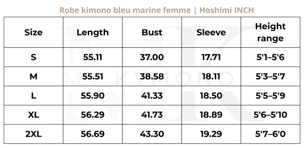 Tableau des tailles (inch) – Robe kimono bleu marine femme | Hoshimi