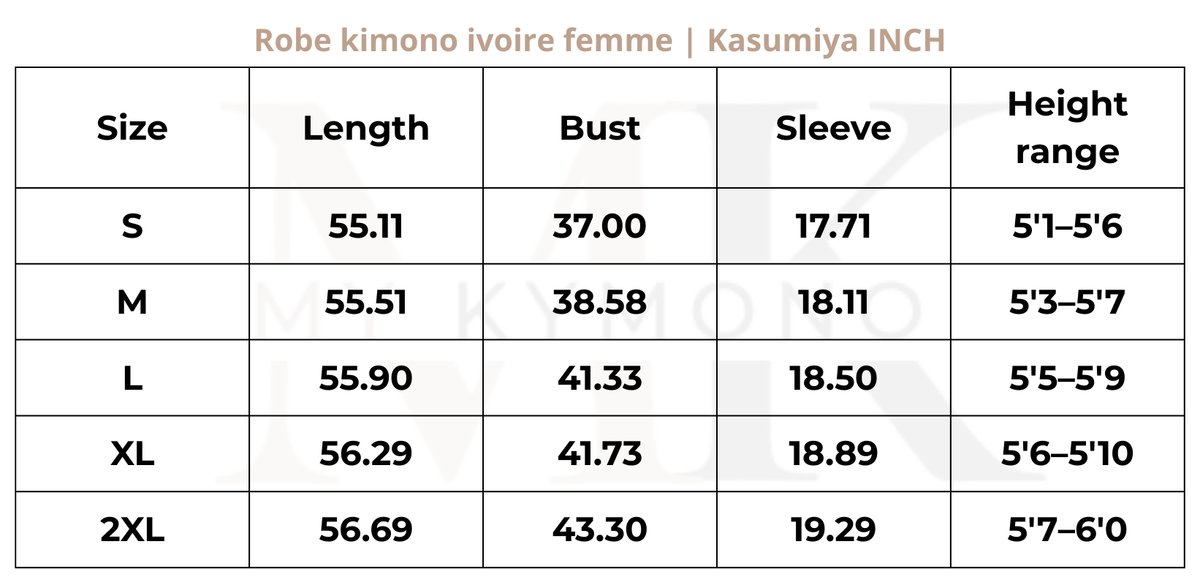 Tableau des tailles (inch) – Robe kimono ivoire femme | Kasumiya