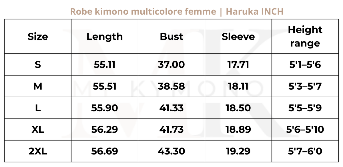 Tableau des tailles (inch) – Robe kimono multicolore femme | Haruka