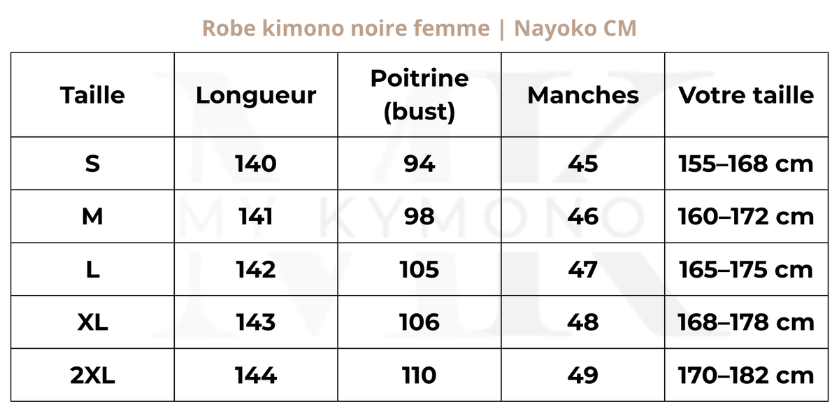 Tableau des tailles (cm) – Robe kimono noire femme | Nayoko