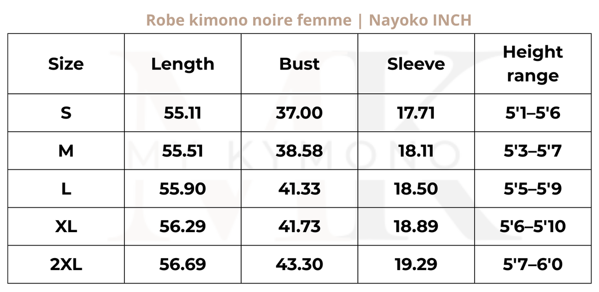 Tableau des tailles (inch) – Robe kimono noire femme | Nayoko