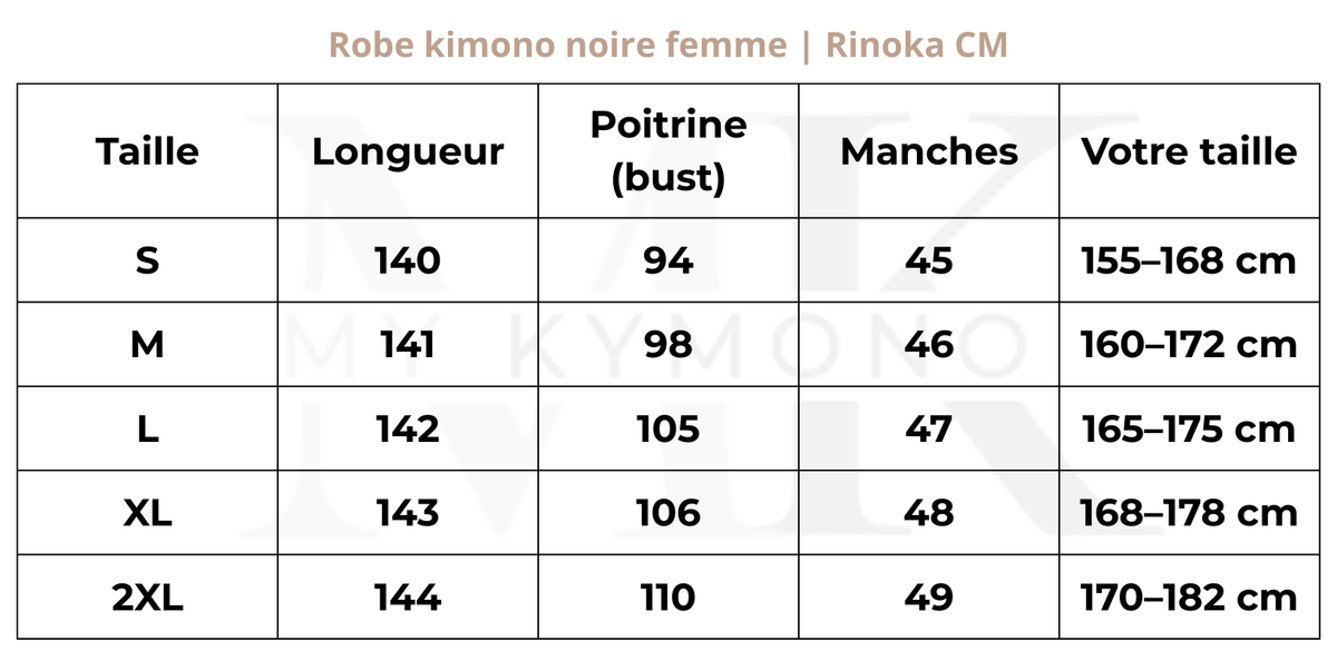 Tableau des tailles (cm) – Robe kimono noire femme | Rinoka