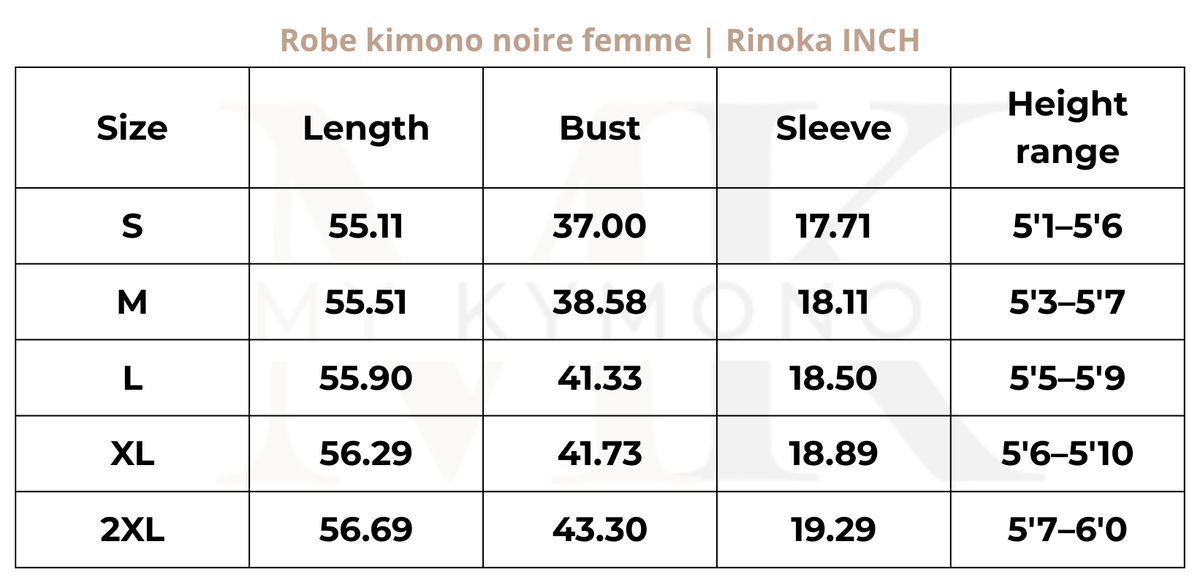 Tableau des tailles (inch) – Robe kimono noire femme | Rinoka