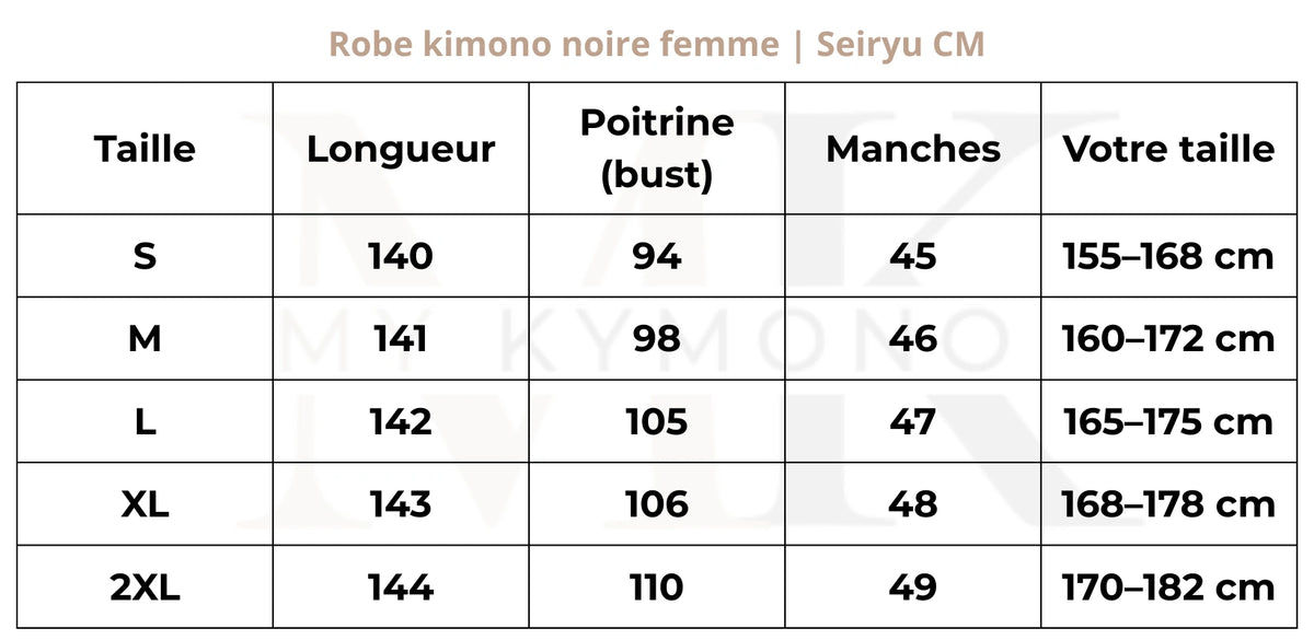 Tableau des tailles (cm) – Robe kimono noire femme | Seiryu