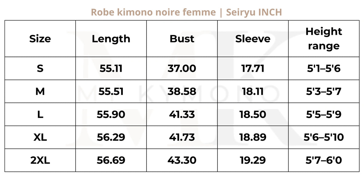 Tableau des tailles (inch) – Robe kimono noire femme | Seiryu