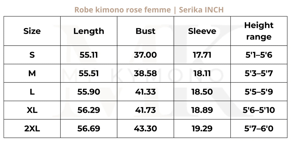 Tableau des tailles (inch) – Robe kimono rose femme | Serika