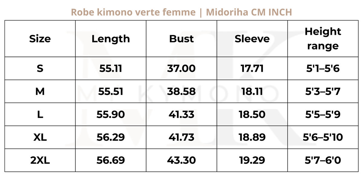 Tableau des tailles (inch) – Robe kimono verte femme | Midoriha