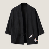 Veste kimono japonais brodée noir en lin